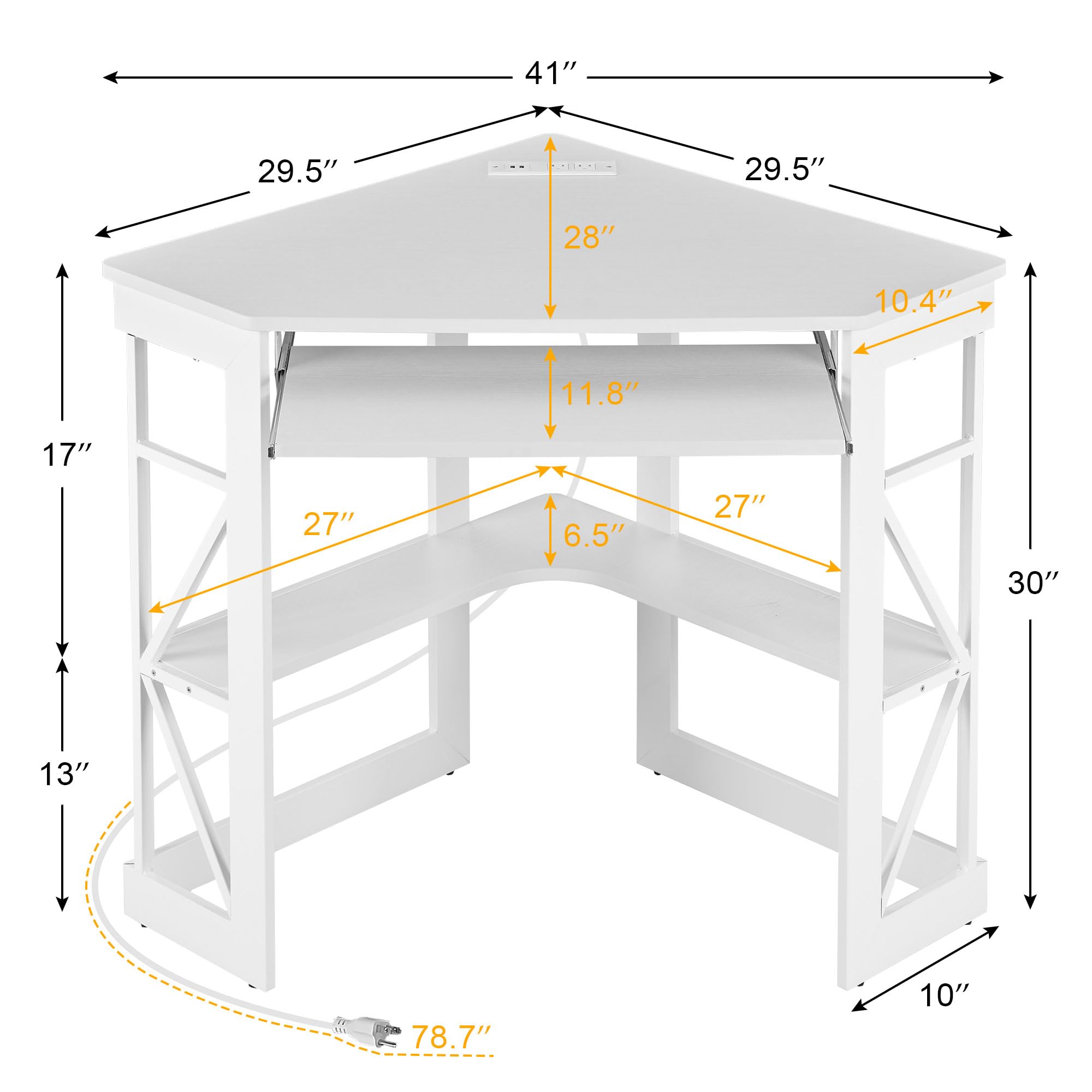 VECELO Corner Computer Desk 41x30 inches with Charging Station &amp; Keyboard &amp; Storage Shelves for Small Space,Triangle Table for Home Office Bedroom,Black