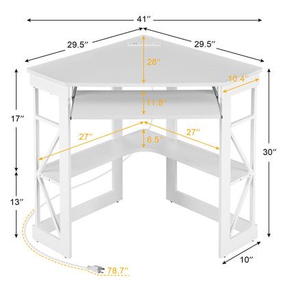 VECELO Corner Computer Desk 41x30 inches with Charging Station &amp; Keyboard &amp; Storage Shelves for Small Space,Triangle Table for Home Office Bedroom,Black
