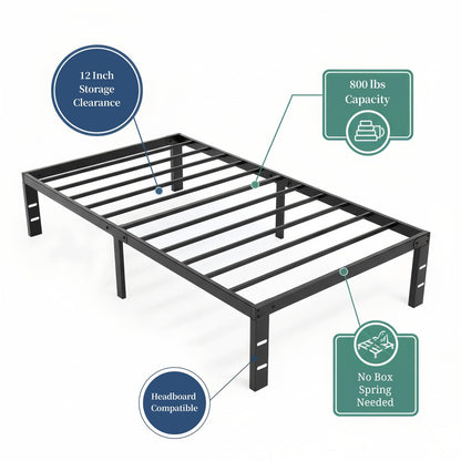 Queen Size Bed Frame, 14 Inch Metal Platform Bed Frames with Heavy Duty Steel Slat Support, No Box Spring Needed, Easy Assembly, Under Bed Storage