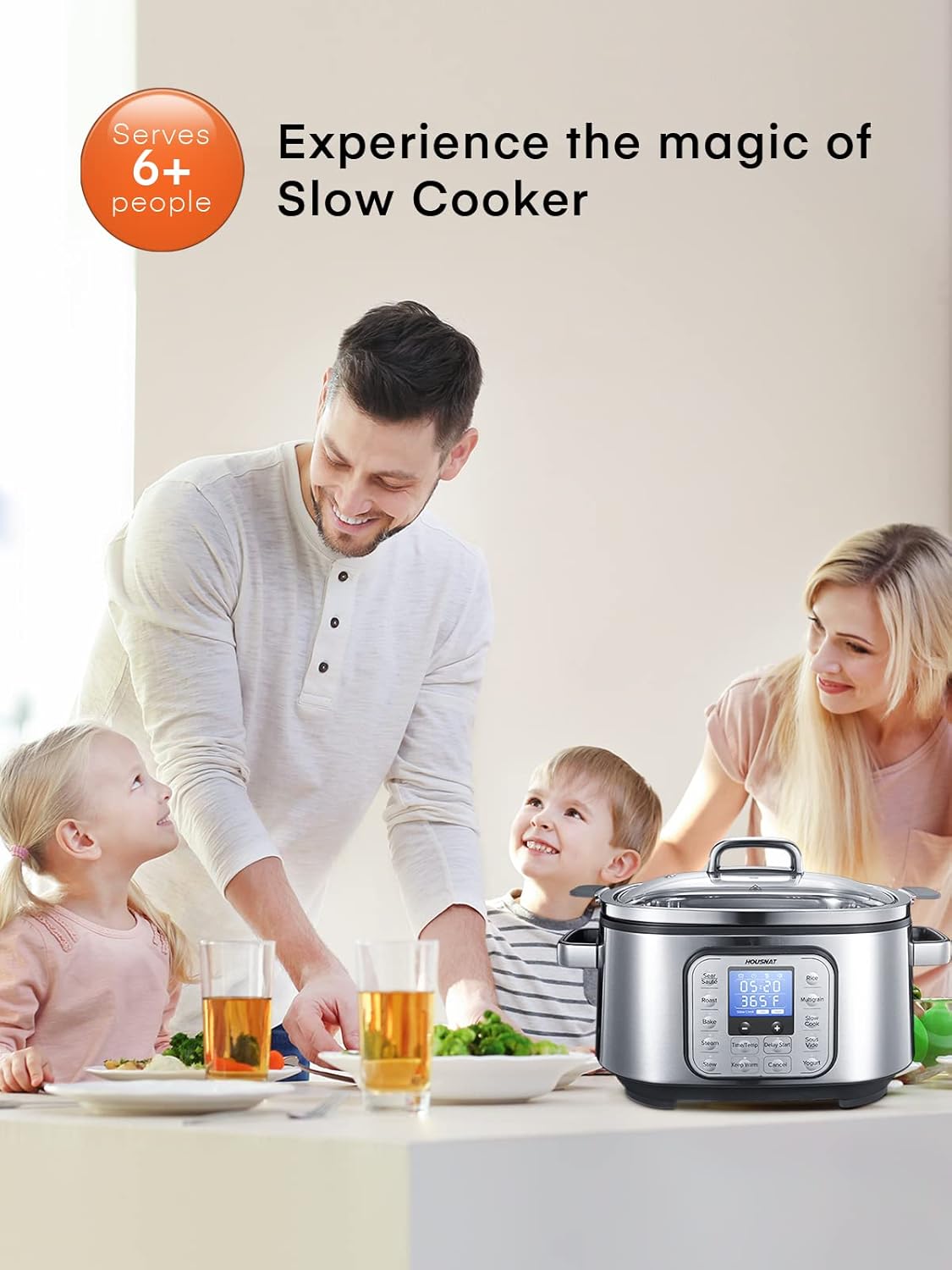 HOUSNAT Slow Cooker, 10 in 1 Programmable Cooker, 304 Stainless Steel Rice Cookers 6QT, Yogurt Maker, Delay Start, Adjustable Temp&amp; Digital Time for Large Families or Entertaining