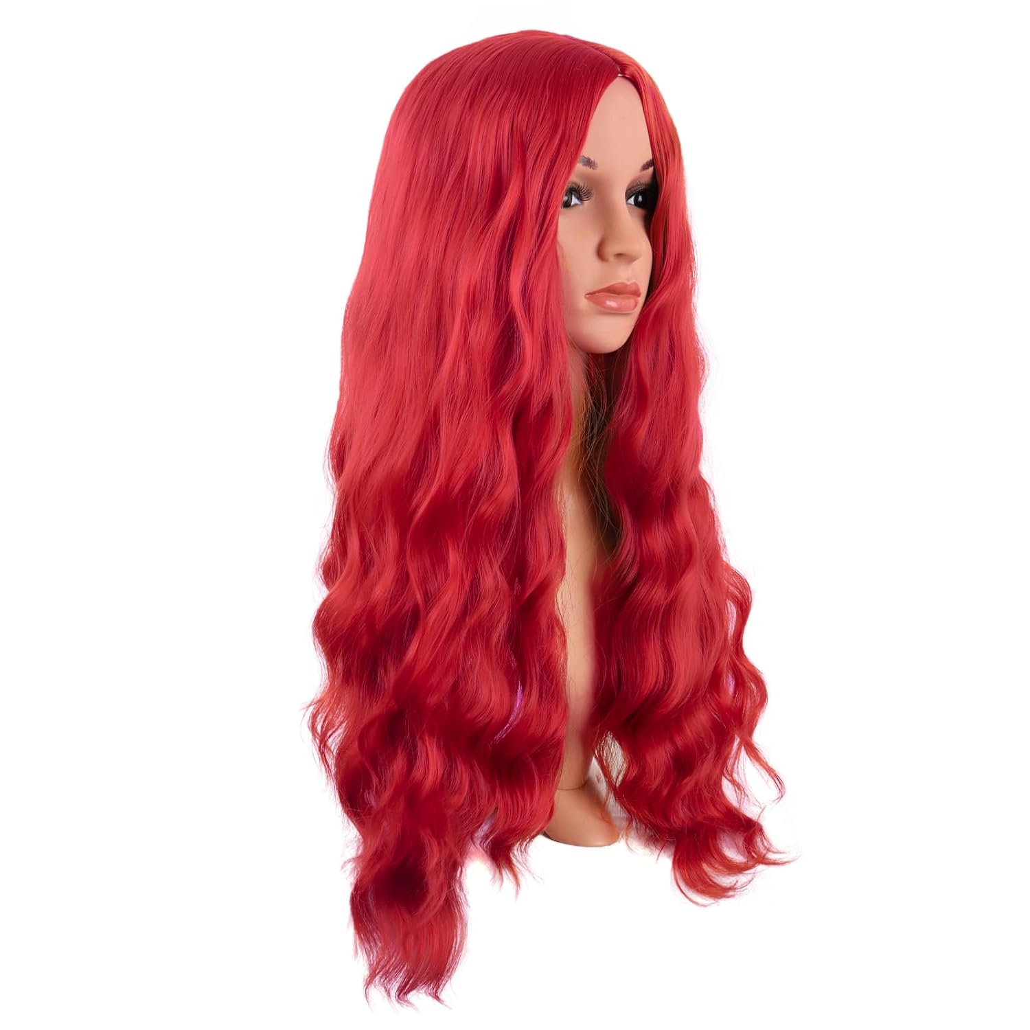 MapofBeauty 28 Inch/70 cm Long Wavy Middle Part with No Bangs Synthetic Fiber Curly Fashion Women Party Cosplay Wig (Bright Red)