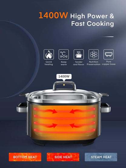 HOUSNAT Slow Cooker, 10 in 1 Programmable Cooker, 304 Stainless Steel Rice Cookers 6QT, Yogurt Maker, Delay Start, Adjustable Temp&amp; Digital Time for Large Families or Entertaining