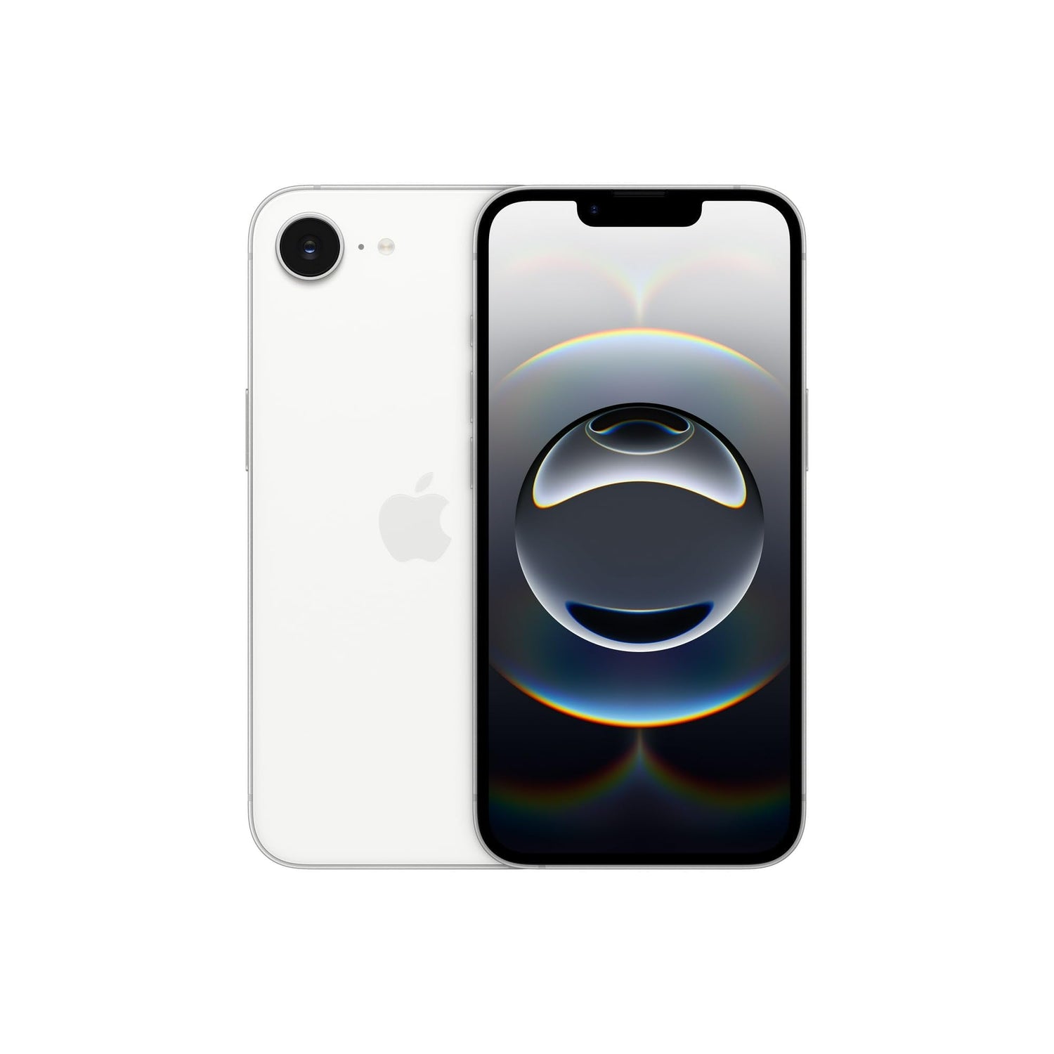 Renewed iPhone 16e 128GB showing front and back views with sleek design and Apple logo.