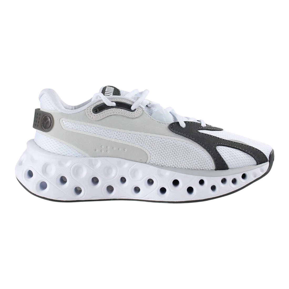 Puma Softride Frequence Men Running Shoes in white and feather gray with a unique cushioned sole design.