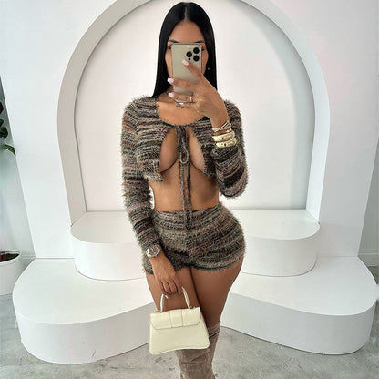 Open navel hollow strap short sleeved two-piece set