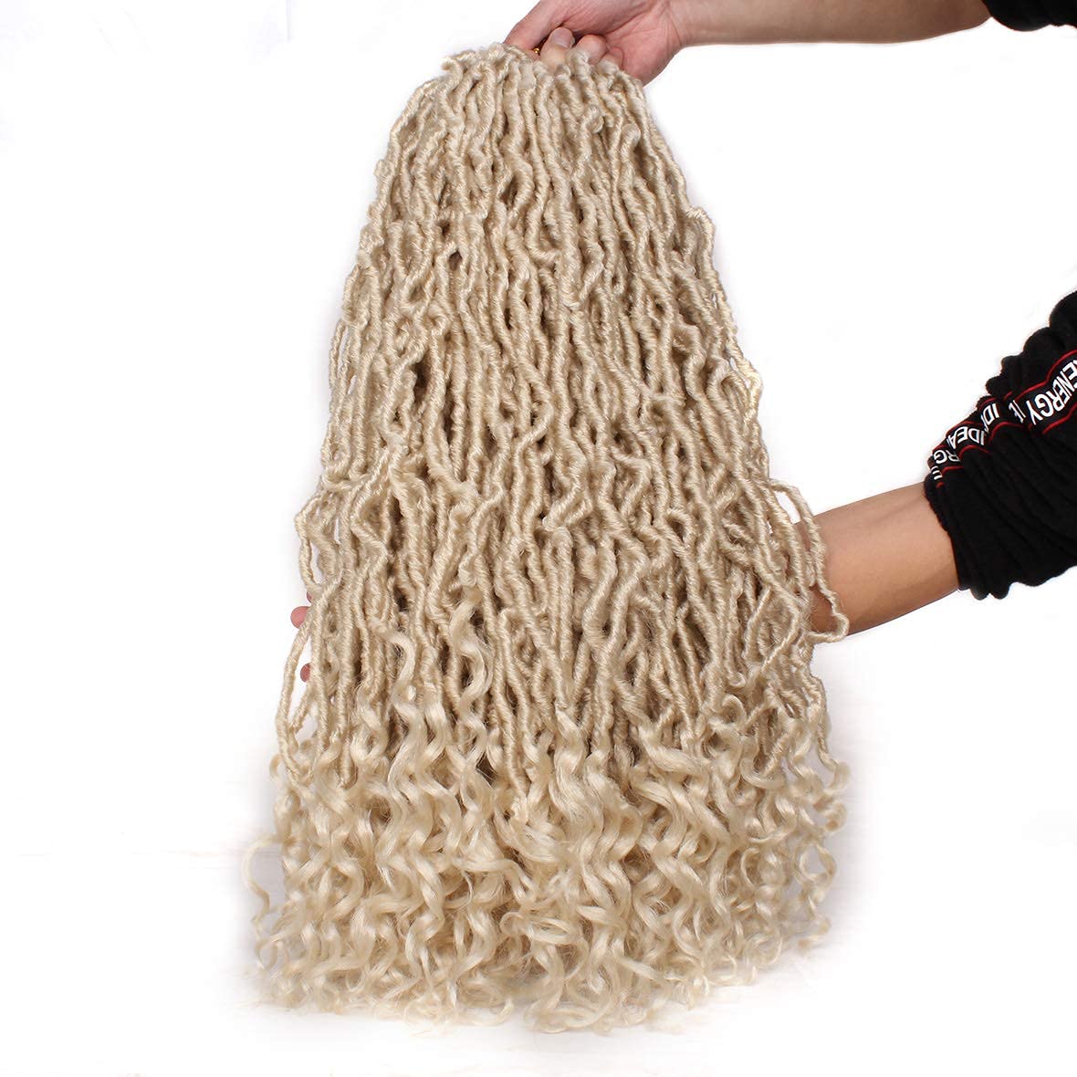 Leeven 7 Packs Faux Locs With Curly Ends 18 Inch Pre-looped Goddess Locs Crochet Hair 84 Strands Natural Black Crochet Bohemian Soft Locs Braiding Hair Extensions With Curls for Women 1B