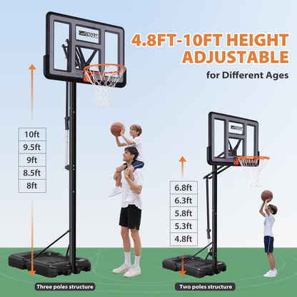 Basketball Hoop Outdoor Protable 44/48 Inch Impact Backboard, 4.8-10FT Height Adjustable Basketball Hoop Goal System with Wheels for Adults
