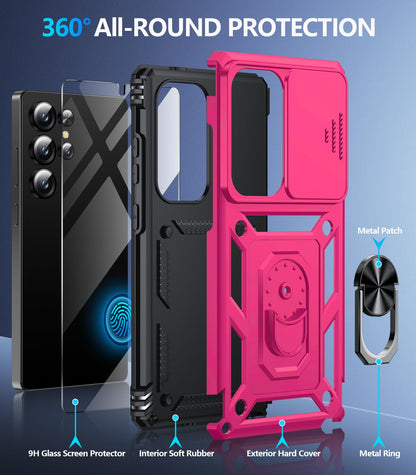 Samsung Galaxy S26 Ultra case with screen protector showcasing 360° all-round protection features like glass and soft rubber.