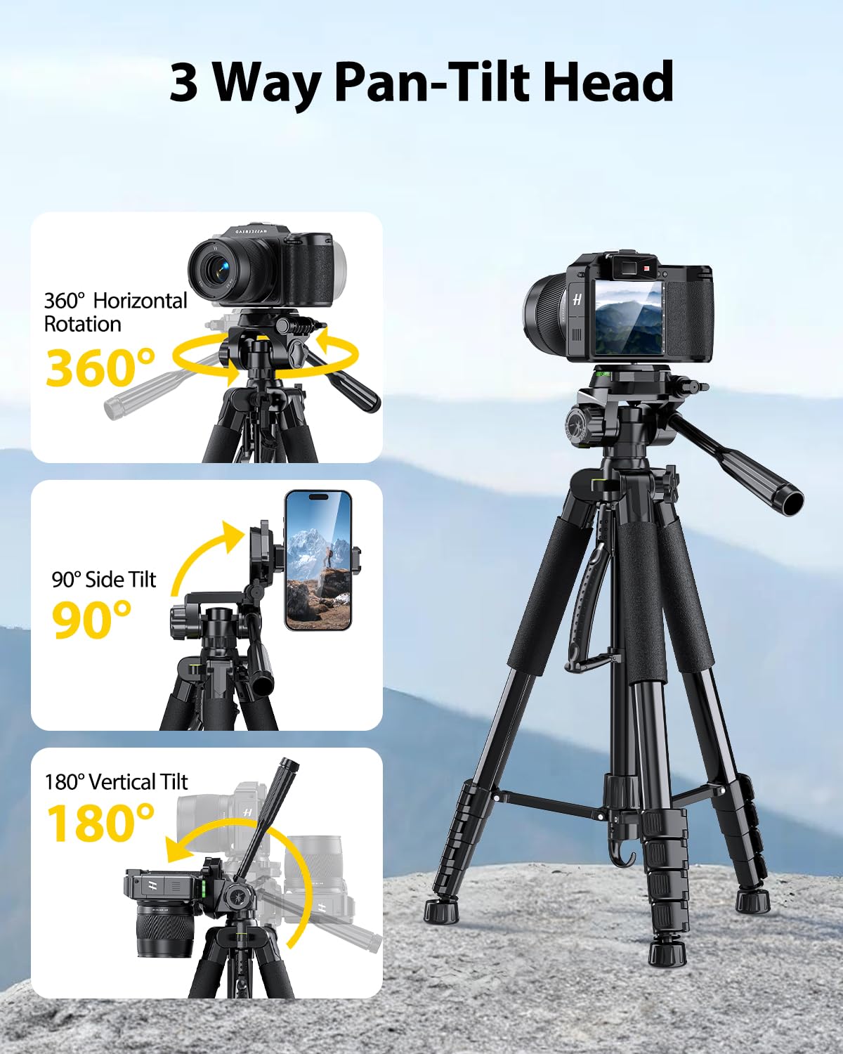 UBeesize 74" Camera Tripod with Phone Holder and Remote, Heavy Duty Tripod Stand with Portable Bag for Phone and Camera, Compatible with DSLR Cameras, Cell Phones, Spotting Scopes and Binoculars