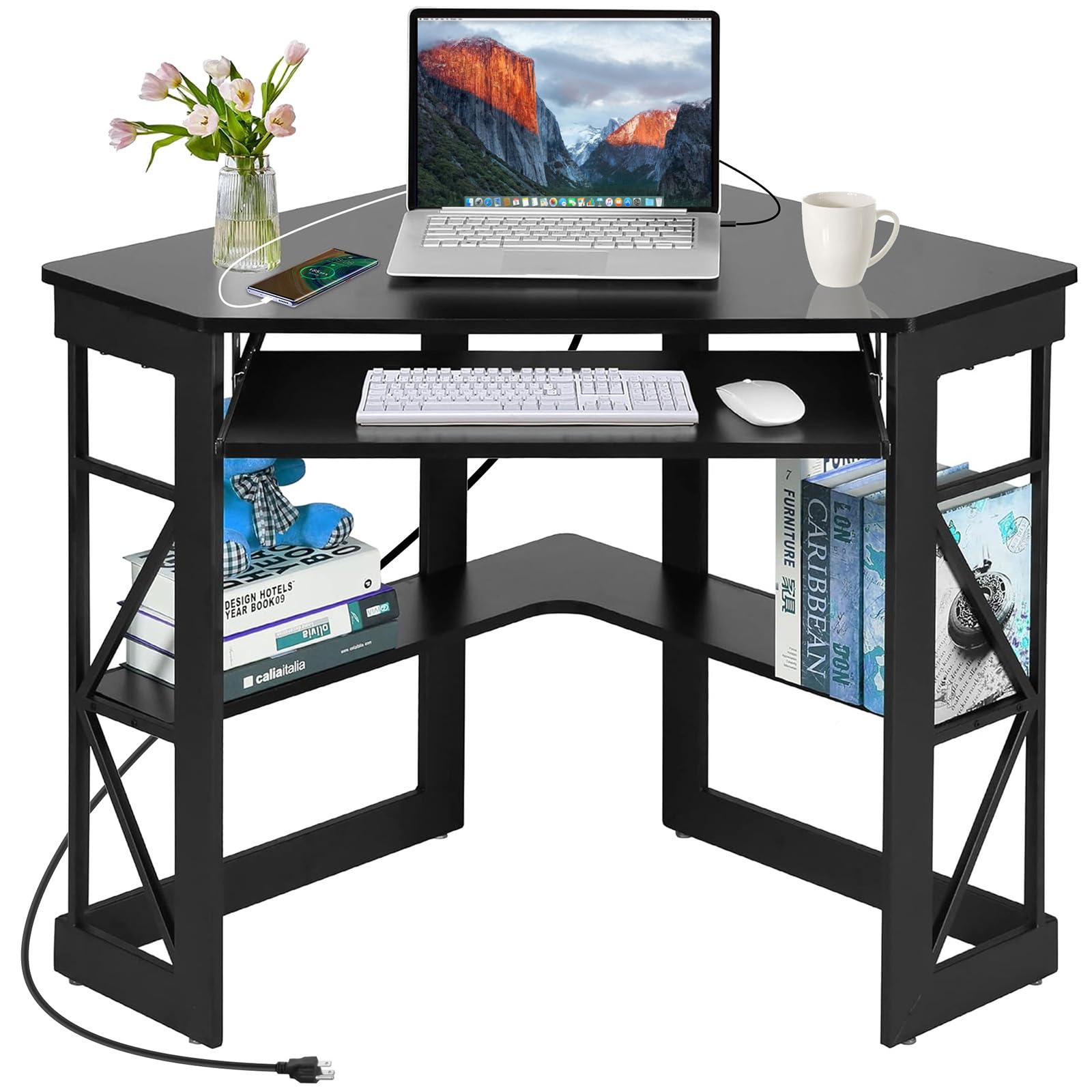 VECELO Corner Computer Desk 41x30 inches with Charging Station &amp; Keyboard &amp; Storage Shelves for Small Space,Triangle Table for Home Office Bedroom,Black