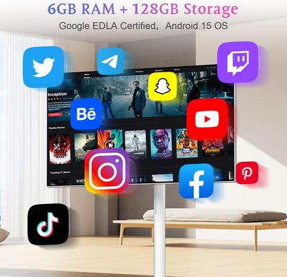 Portable smart TV on wheels with 6GB RAM and 128GB stoportable smart TV on wheelsrage, featuring app icons for streaming and social media.