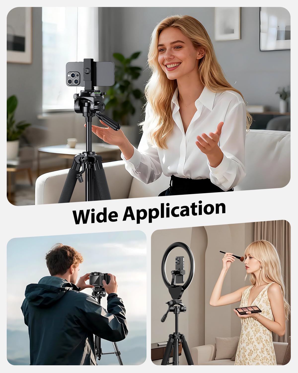 UBeesize 74" Camera Tripod with Phone Holder and Remote, Heavy Duty Tripod Stand with Portable Bag for Phone and Camera, Compatible with DSLR Cameras, Cell Phones, Spotting Scopes and Binoculars
