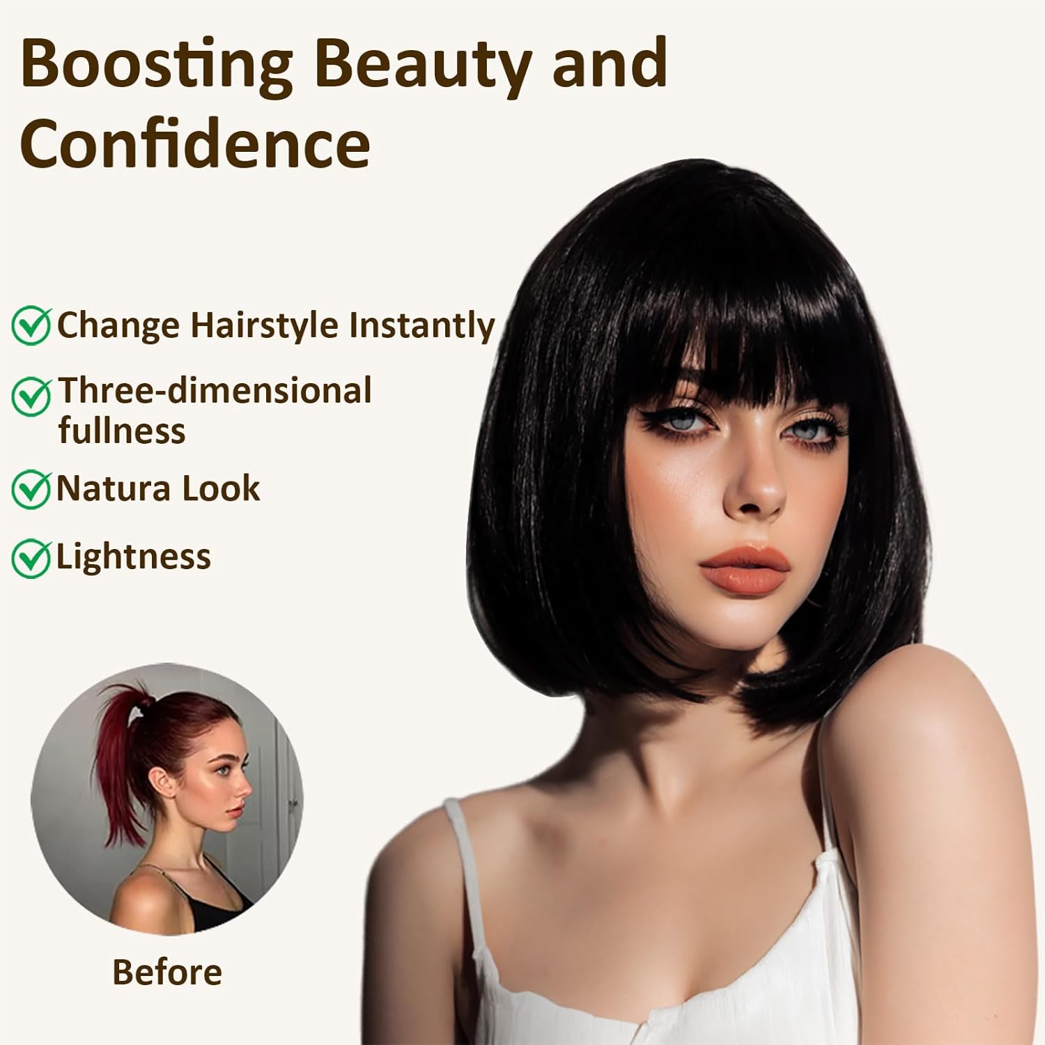Black Bob Wig with Bangs, 12 Inch Straight Short Bob Wig, Natural Looking,Heat Resistant Synthetic,Adjustable Straps Wigs for Women Daily Wear and Party,with 2 Free Wig Caps