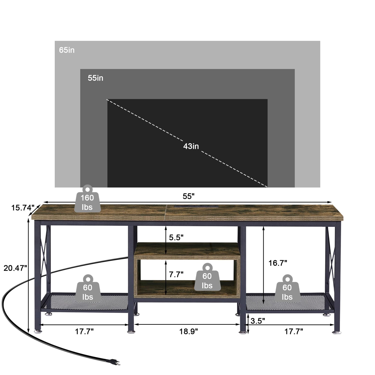 VECELO TV Stand with Power Outlets for 65 Inch Industria Media Entertainment Center with Charging Station, 3-Tier Open Shelves &amp; Metal Frame for Living Room, Bedroom, 55 Inch, Brown