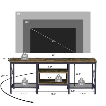 VECELO TV Stand with Power Outlets for 65 Inch Industria Media Entertainment Center with Charging Station, 3-Tier Open Shelves &amp; Metal Frame for Living Room, Bedroom, 55 Inch, Brown
