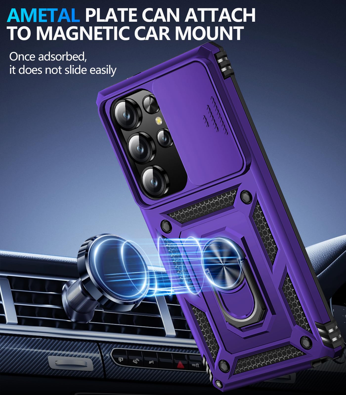 Samsung Galaxy S26 Ultra case with screen protector Taisaide S (Black) showing magnetic car mount compatibility.