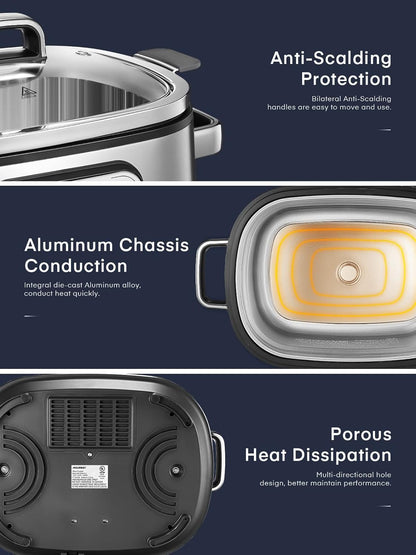 HOUSNAT Slow Cooker, 10 in 1 Programmable Cooker, 304 Stainless Steel Rice Cookers 6QT, Yogurt Maker, Delay Start, Adjustable Temp&amp; Digital Time for Large Families or Entertaining