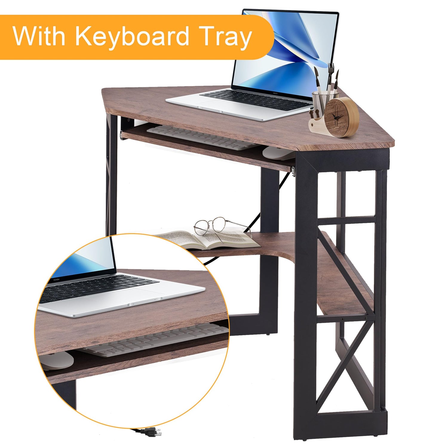 VECELO Corner Computer Desk 41x30 inches with Charging Station &amp; Keyboard &amp; Storage Shelves for Small Space,Triangle Table for Home Office Bedroom,Black