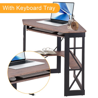 VECELO Corner Computer Desk 41x30 inches with Charging Station &amp; Keyboard &amp; Storage Shelves for Small Space,Triangle Table for Home Office Bedroom,Black