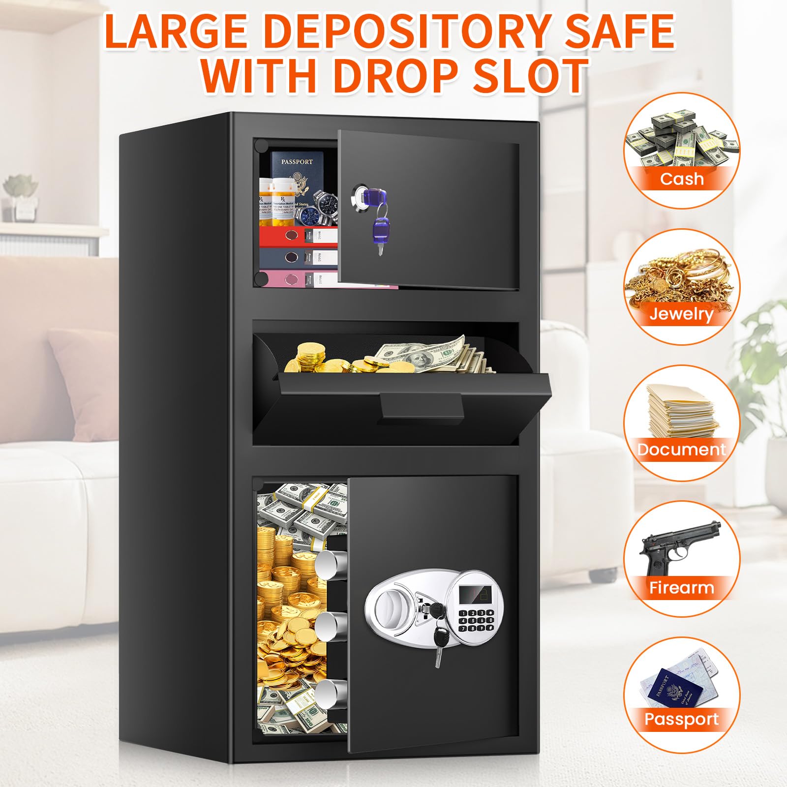 5.8 CU FT Extra Large Drop Safe for Business, Anti-Theft Money Drop Slot Safes with Digital Keypad and Spare Keys, Heavy Duty Depository Safe for Home Office Retail Store Business Mail Church
