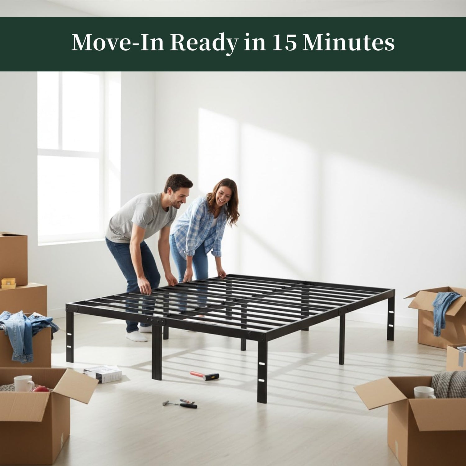 Queen Size Bed Frame, 14 Inch Metal Platform Bed Frames with Heavy Duty Steel Slat Support, No Box Spring Needed, Easy Assembly, Under Bed Storage