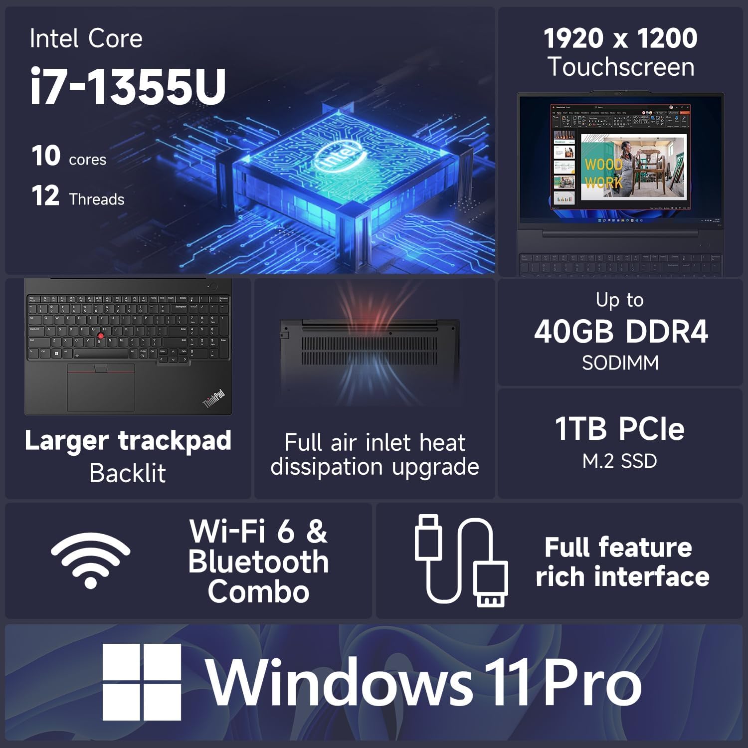 Lenovo ThinkPad E16 Business Laptop, 16" FHD+ Touchscreen, Intel Core i7-1355U, 40GB RAM, 1TB SSD, Fingerprint, Backlit, Webcam, HDMI, Wi-Fi 6, Windows 11 Pro, Bundle with Thunderobot 7-in-1 USB-C Hub