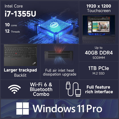 Lenovo ThinkPad E16 Business Laptop, 16" FHD+ Touchscreen, Intel Core i7-1355U, 40GB RAM, 1TB SSD, Fingerprint, Backlit, Webcam, HDMI, Wi-Fi 6, Windows 11 Pro, Bundle with Thunderobot 7-in-1 USB-C Hub