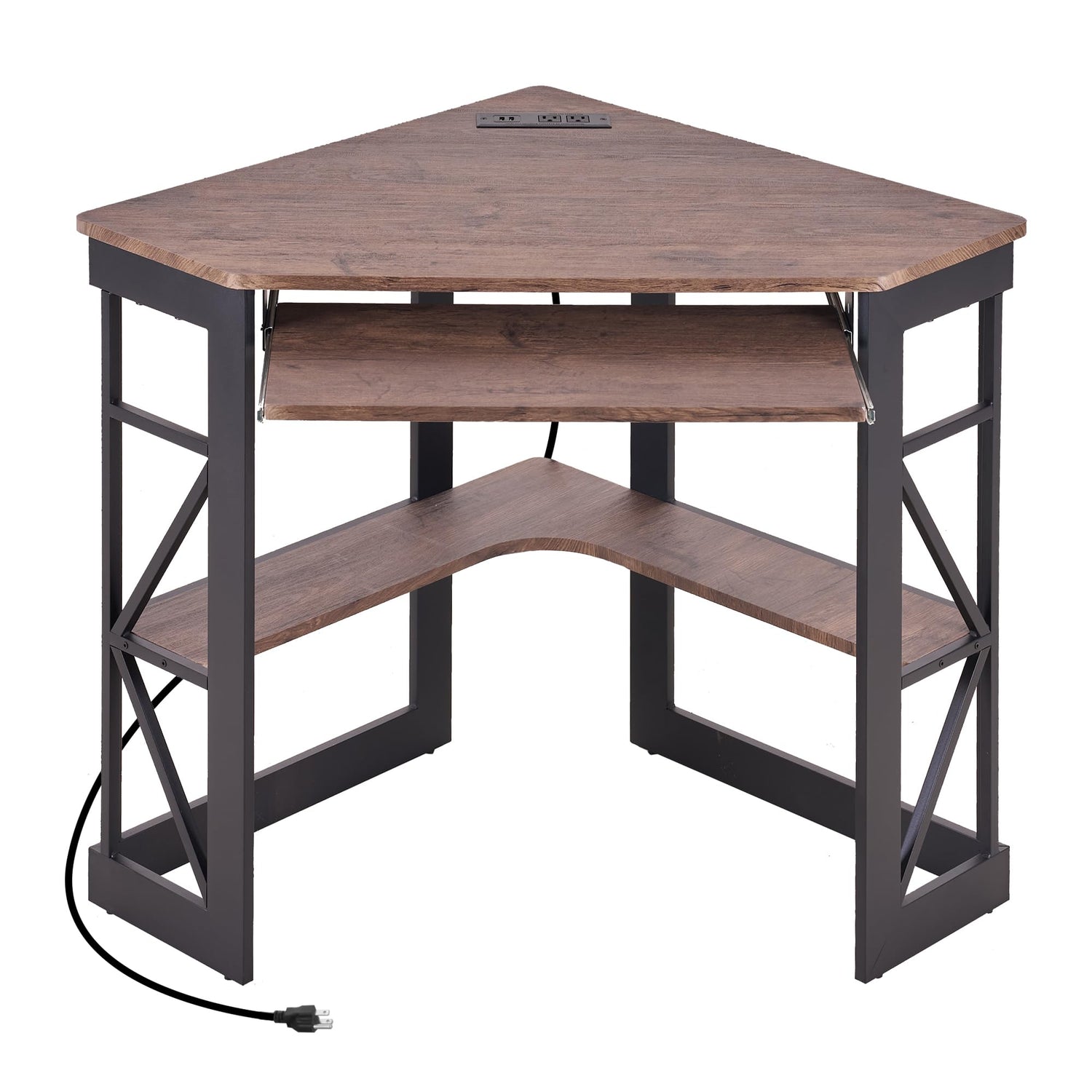 VECELO Corner Computer Desk 41x30 inches with Charging Station &amp; Keyboard &amp; Storage Shelves for Small Space,Triangle Table for Home Office Bedroom,Black