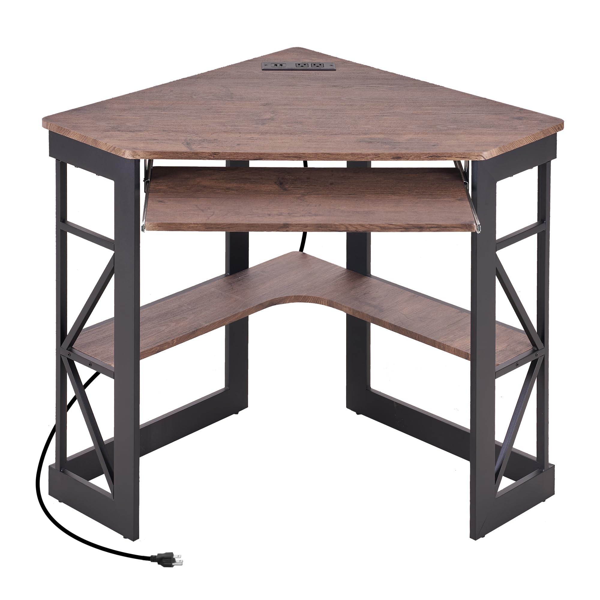 VECELO Corner Computer Desk 41x30 inches with Charging Station &amp; Keyboard &amp; Storage Shelves for Small Space,Triangle Table for Home Office Bedroom,Black