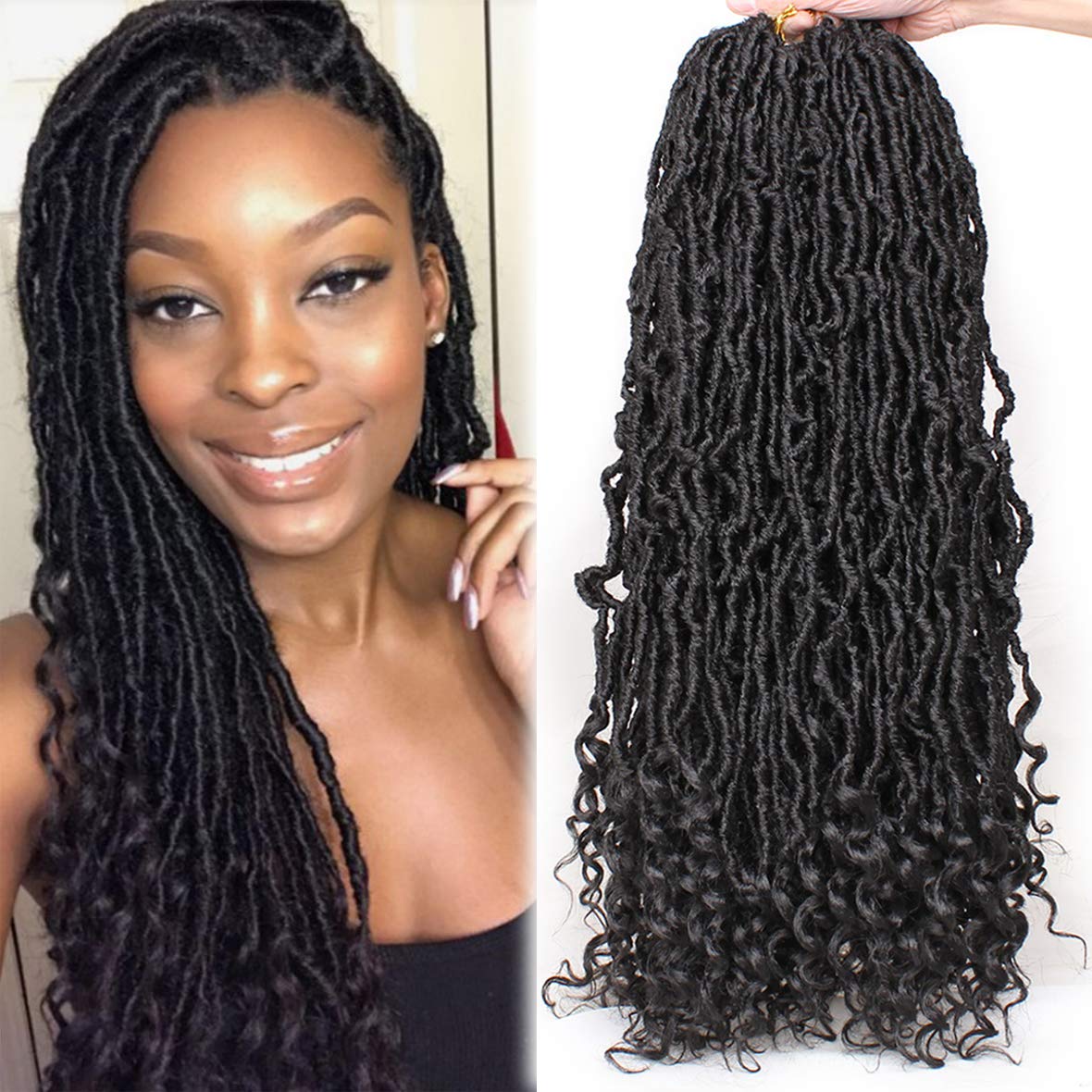 Leeven 7 Packs Faux Locs With Curly Ends 18 Inch Pre-looped Goddess Locs Crochet Hair 84 Strands Natural Black Crochet Bohemian Soft Locs Braiding Hair Extensions With Curls for Women 1B