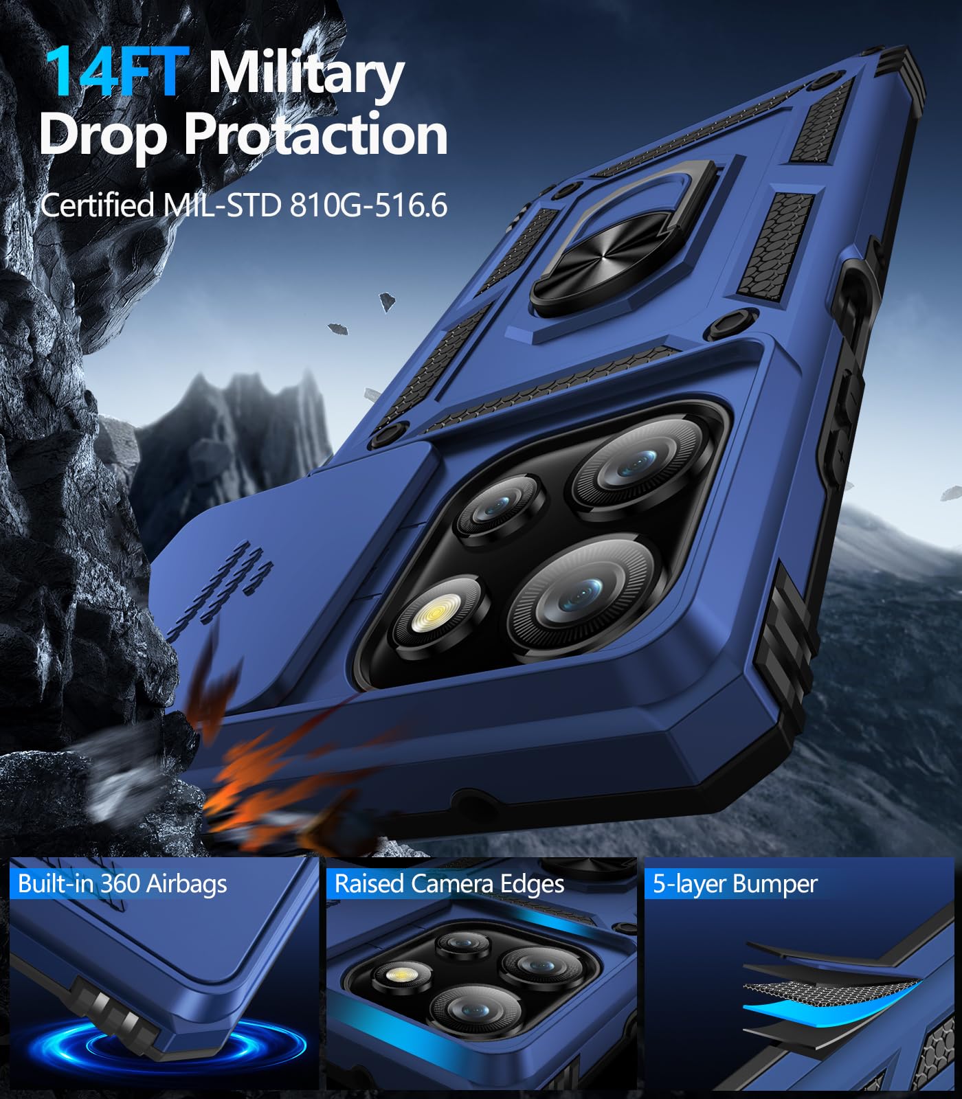 Samsung Galaxy S26 Ultra case with screen protector Taisaide S in blue, showcasing military drop protection features.