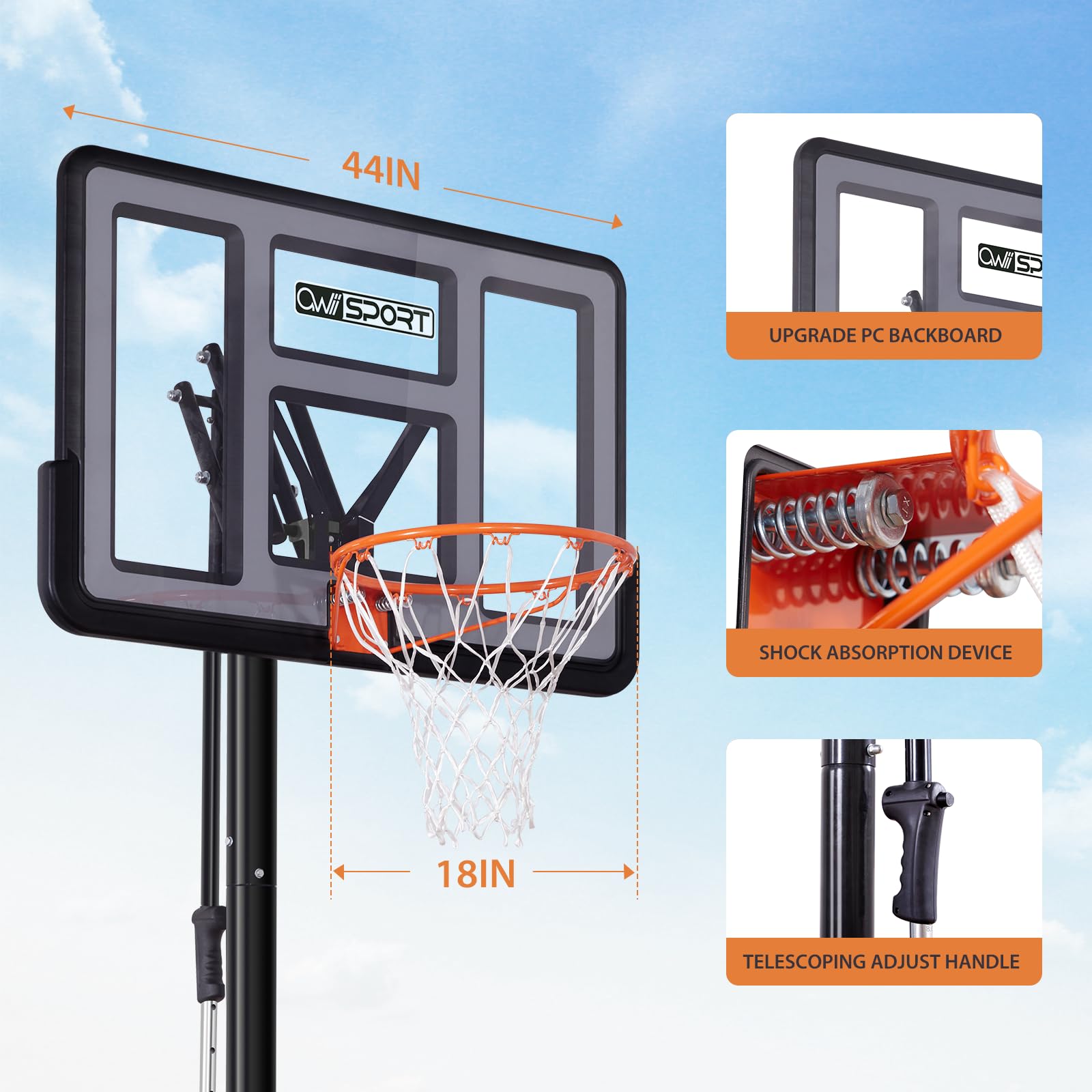 Basketball Hoop Outdoor Protable 44/48 Inch Impact Backboard, 4.8-10FT Height Adjustable Basketball Hoop Goal System with Wheels for Adults