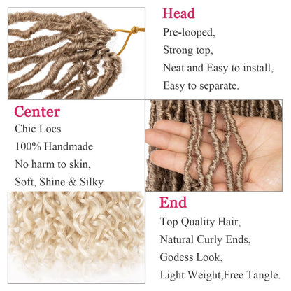 Leeven 7 Packs Faux Locs With Curly Ends 18 Inch Pre-looped Goddess Locs Crochet Hair 84 Strands Natural Black Crochet Bohemian Soft Locs Braiding Hair Extensions With Curls for Women 1B