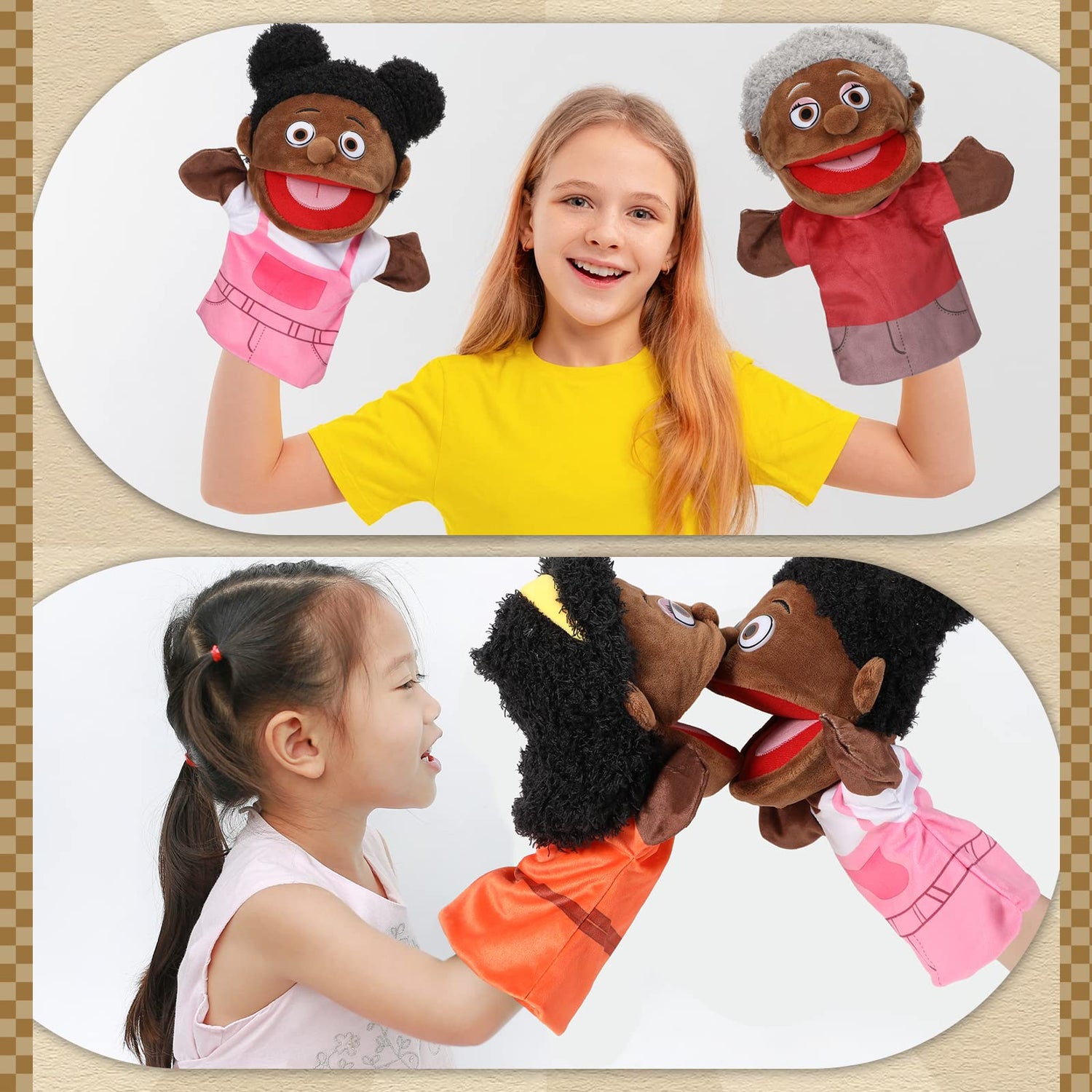 Lenwen 6 Pcs Family Hand Puppet Set Family Members Puppets with Movable Mouth Soft Plush for Boys and Girls Teens Kids Storytelling Play School Teaching Preschool (African American)
