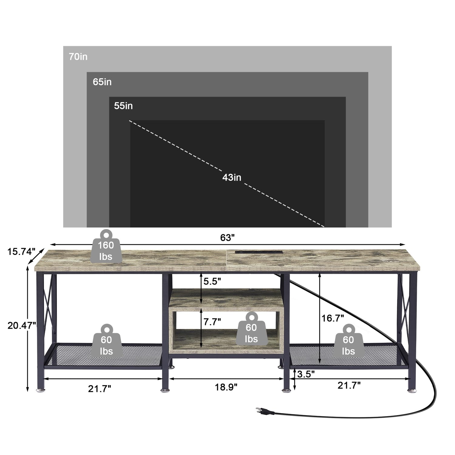 VECELO TV Stand with Power Outlets for 65 Inch Industria Media Entertainment Center with Charging Station, 3-Tier Open Shelves &amp; Metal Frame for Living Room, Bedroom, 55 Inch, Brown