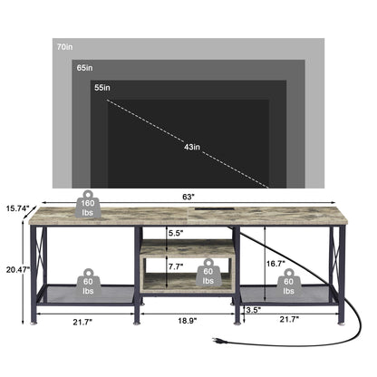 VECELO TV Stand with Power Outlets for 65 Inch Industria Media Entertainment Center with Charging Station, 3-Tier Open Shelves &amp; Metal Frame for Living Room, Bedroom, 55 Inch, Brown