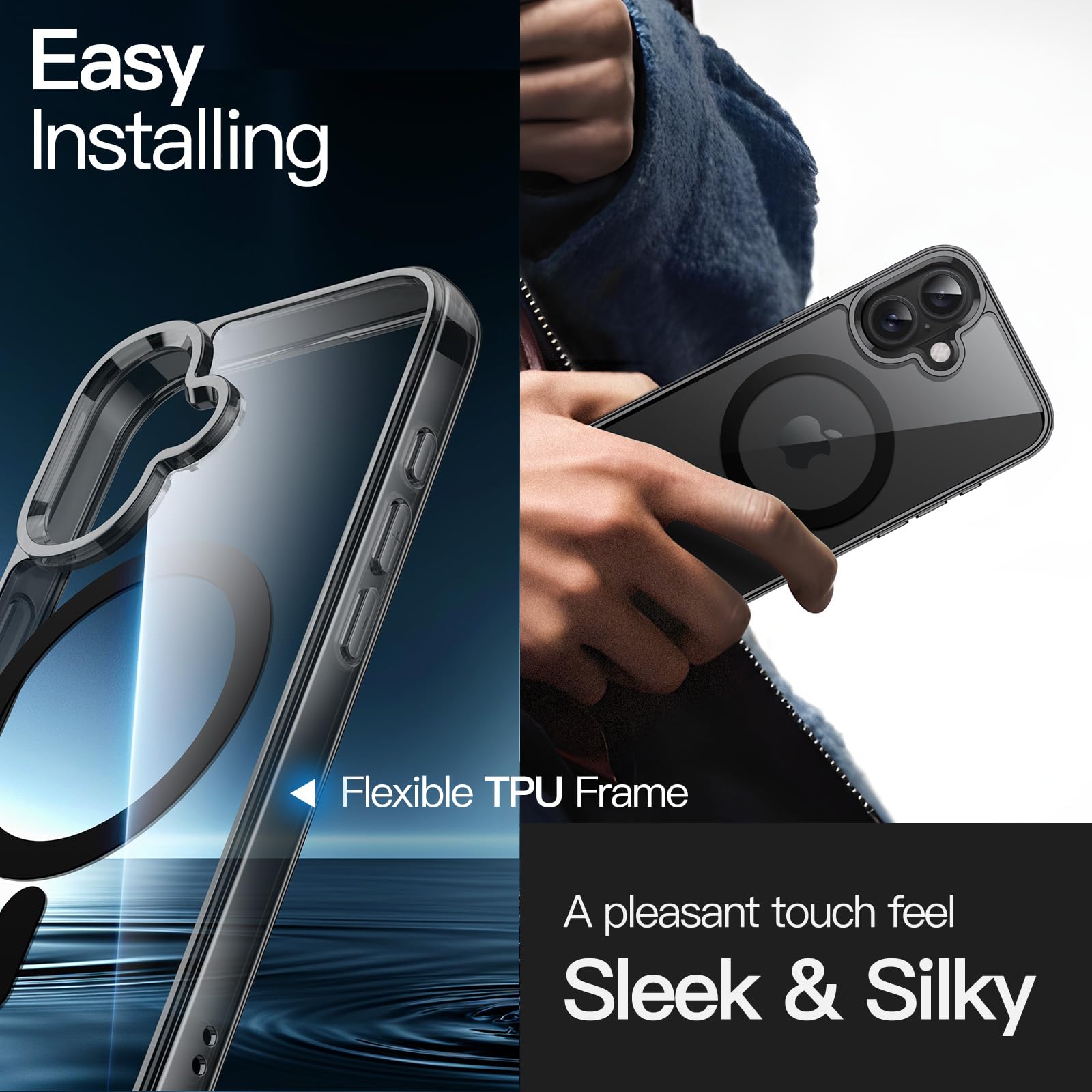 premium aplus module features iPhone with clear case showcasing MagSafe compatibility and sleek design.