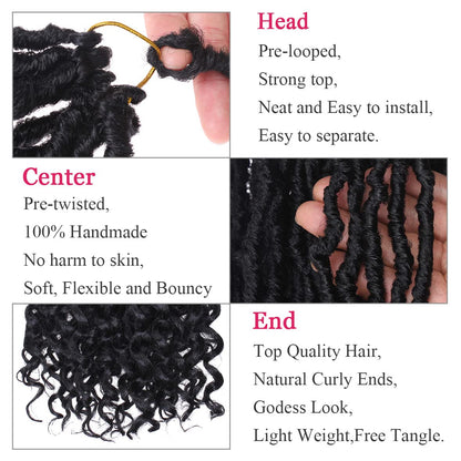 Leeven 7 Packs Faux Locs With Curly Ends 18 Inch Pre-looped Goddess Locs Crochet Hair 84 Strands Natural Black Crochet Bohemian Soft Locs Braiding Hair Extensions With Curls for Women 1B