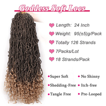 Leeven 7 Packs Faux Locs With Curly Ends 18 Inch Pre-looped Goddess Locs Crochet Hair 84 Strands Natural Black Crochet Bohemian Soft Locs Braiding Hair Extensions With Curls for Women 1B