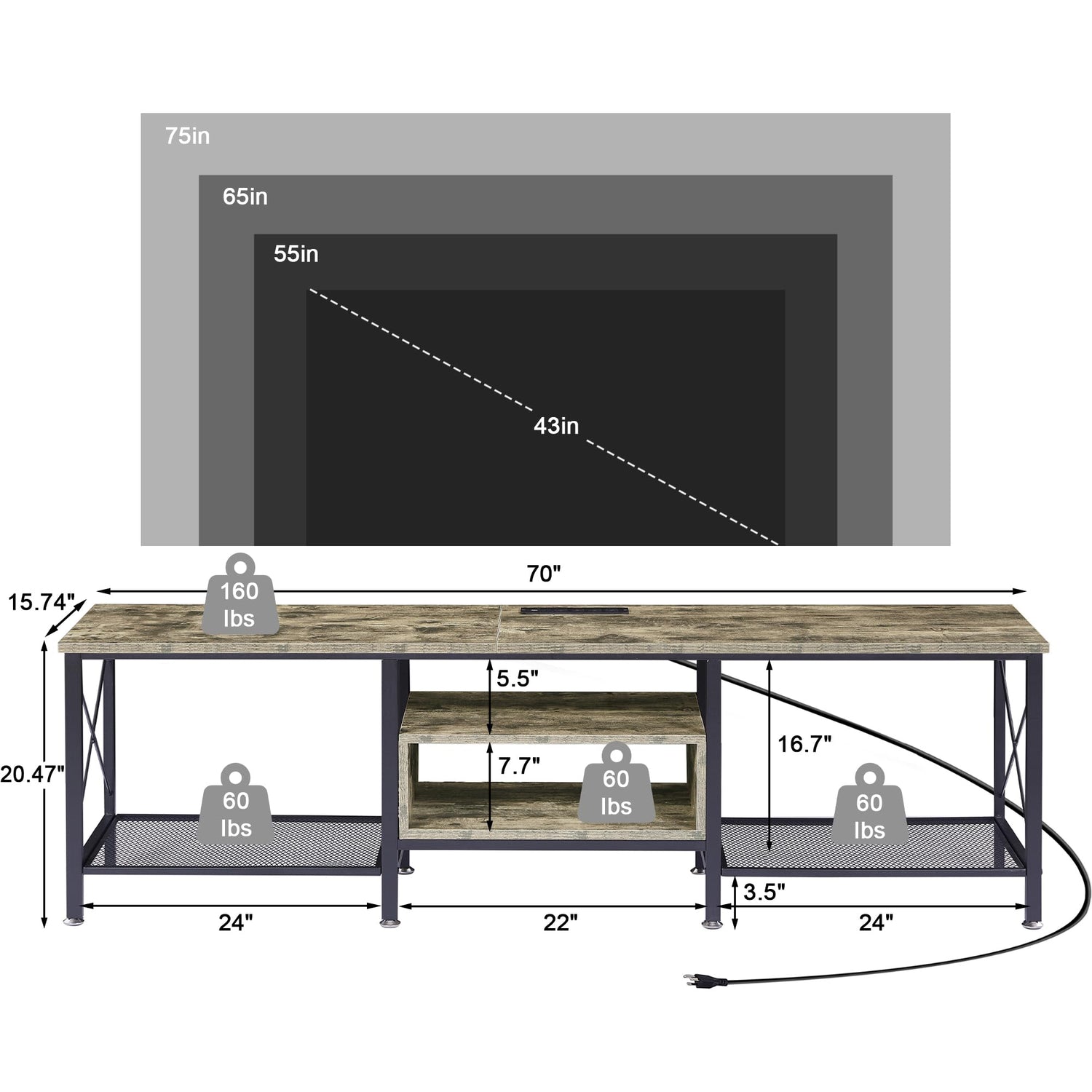 VECELO TV Stand with Power Outlets for 65 Inch Industria Media Entertainment Center with Charging Station, 3-Tier Open Shelves &amp; Metal Frame for Living Room, Bedroom, 55 Inch, Brown