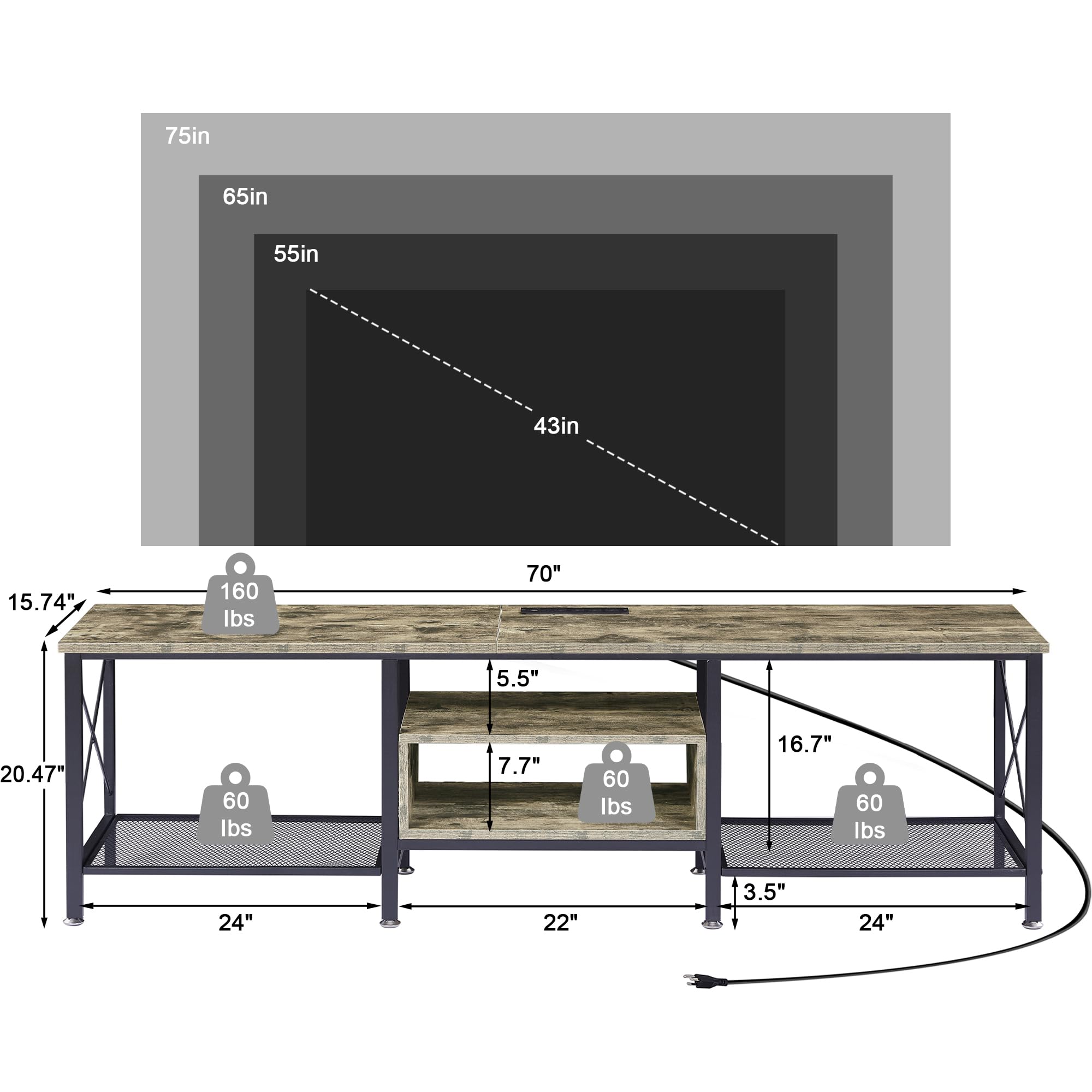 VECELO TV Stand with Power Outlets for 65 Inch Industria Media Entertainment Center with Charging Station, 3-Tier Open Shelves &amp; Metal Frame for Living Room, Bedroom, 55 Inch, Brown