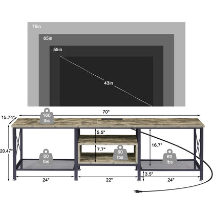 VECELO TV Stand with Power Outlets for 65 Inch Industria Media Entertainment Center with Charging Station, 3-Tier Open Shelves &amp; Metal Frame for Living Room, Bedroom, 55 Inch, Brown