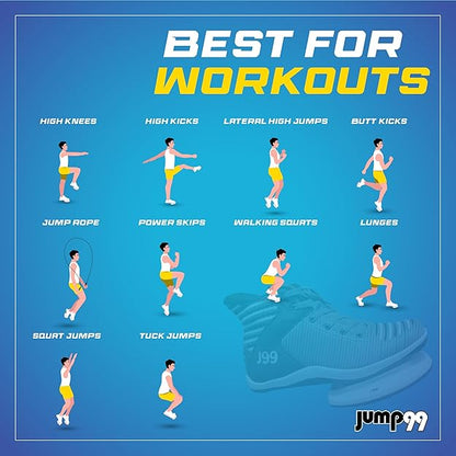 J99 Flex Ultra Strength Plyometric Training Shoes in gray and black, featuring workout illustrations for various exercises.