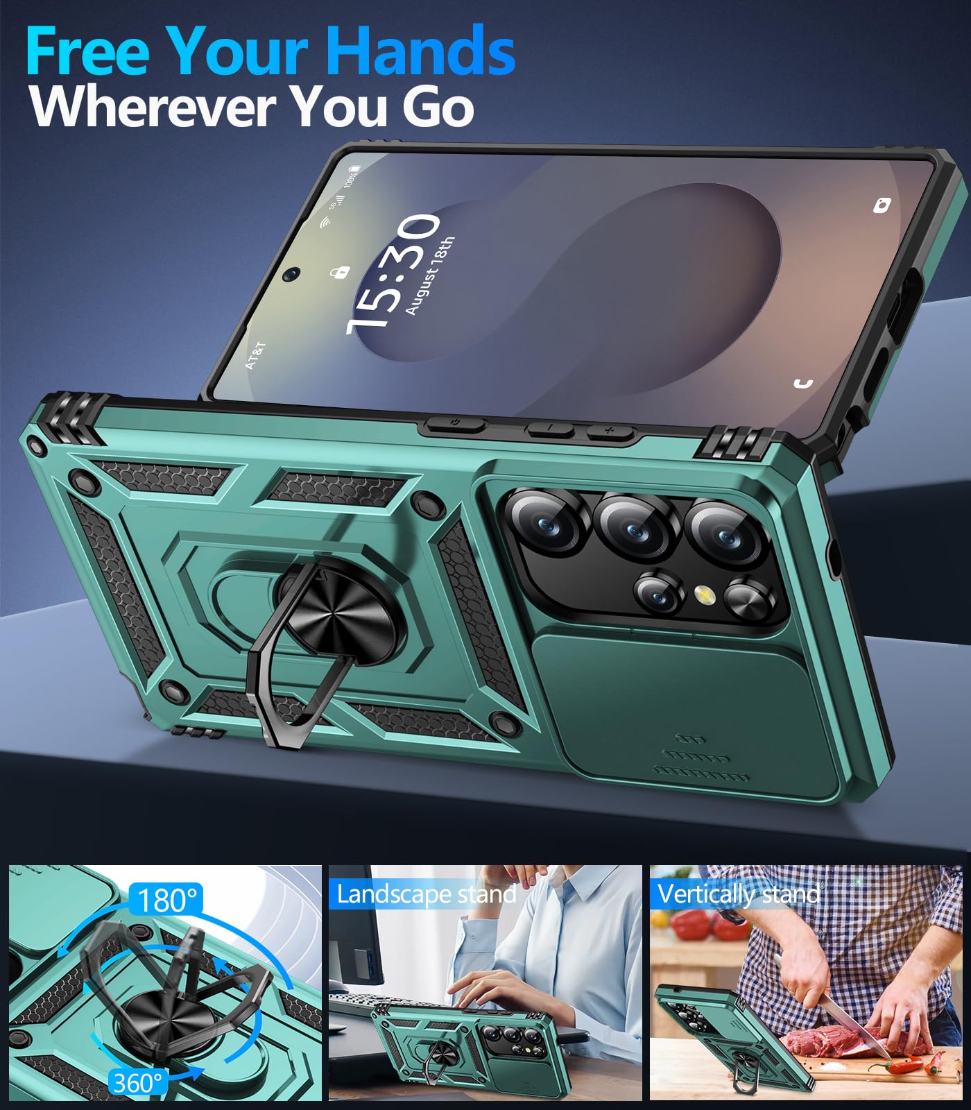 Samsung Galaxy S26 Ultra case with screen protector featuring adjustable stand and phone protection.