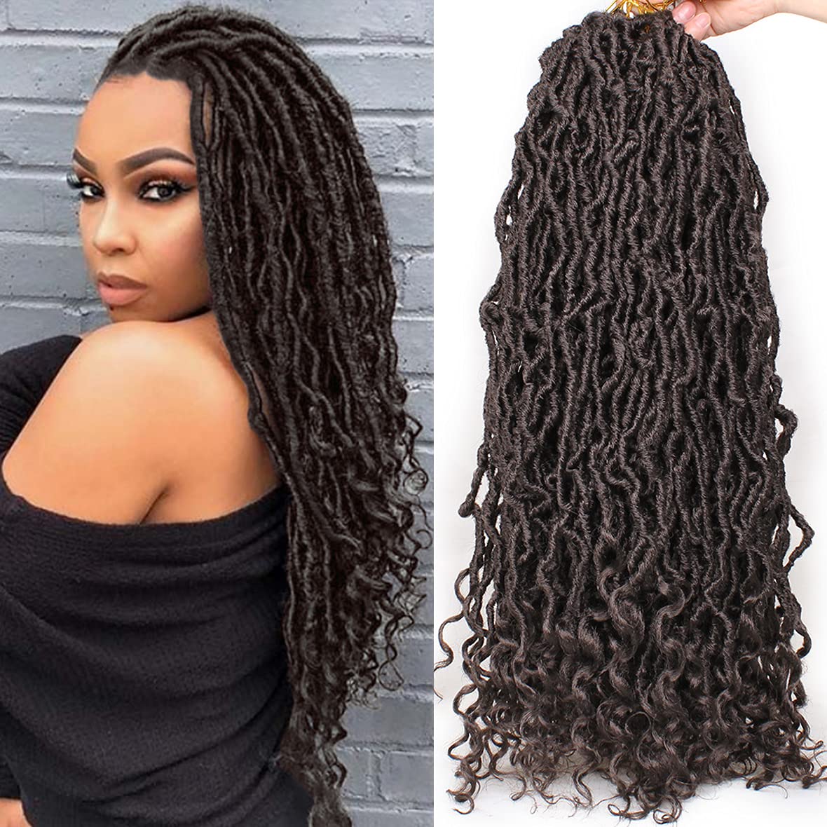 Leeven 7 Packs Faux Locs With Curly Ends 18 Inch Pre-looped Goddess Locs Crochet Hair 84 Strands Natural Black Crochet Bohemian Soft Locs Braiding Hair Extensions With Curls for Women 1B