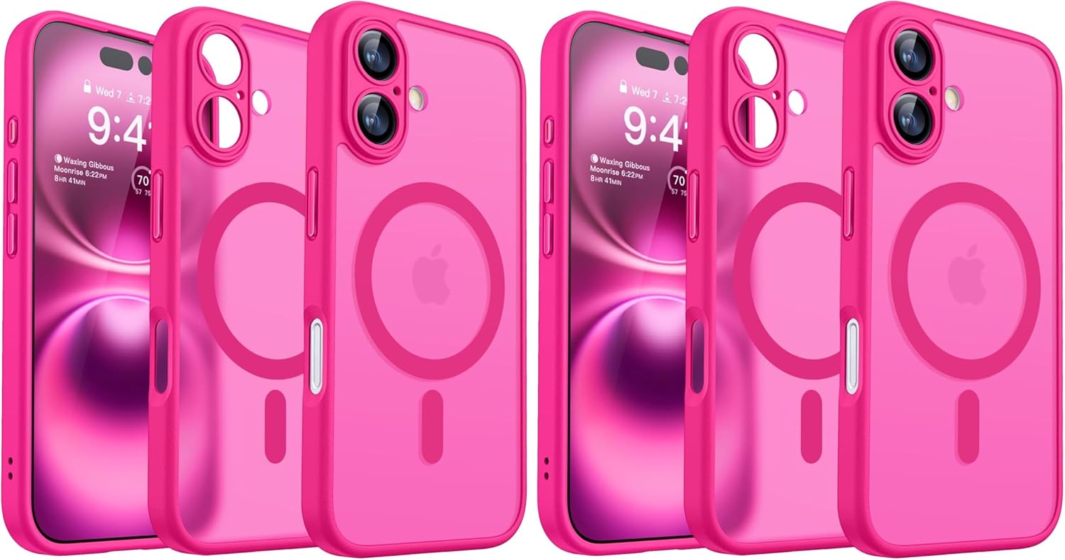 CANSHN Magnetic Compatible with iPhone 12 Case, Upgraded [Full Camera Protection] [Compatible with Magsafe] [Translucent Matte] Shockproof Protective Phone Case Cover 6.1 Inch - Hot Pink