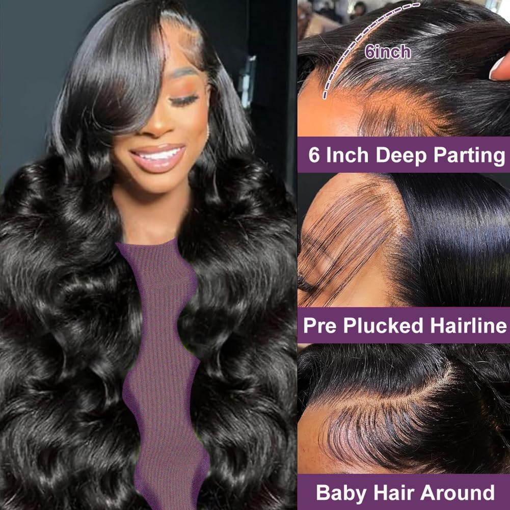 30 Inch 13x6 Lace Front Wigs Human Hair 220 Density Body Wave HD Lace Front Wigs Human Hair Pre Plucked Natural Black Glueless Frontal Wigs for Women