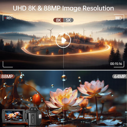 8K Video Camera Camcorder 88MP UHD WiFi Vlogging Cameras for YouTube 18X Digital Zoom IR Night Vision 3.0&
