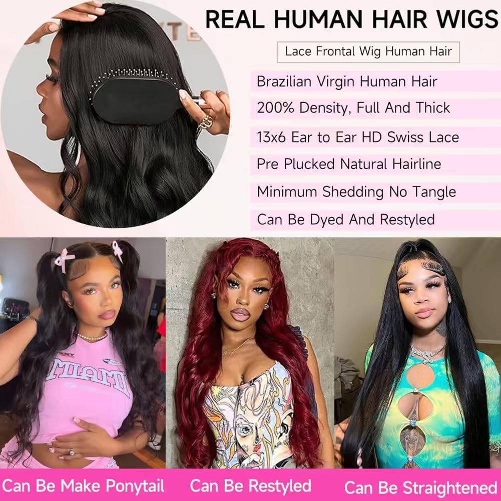 30 Inch Body Wave Lace Front Wigs Human Hair 200 Density 13x6 HD Lace Frontal Wigs Pre Plucked Glueless Brazilian Virgin Human Wig with Baby Hair Body Wave wigs for Women Natural Black