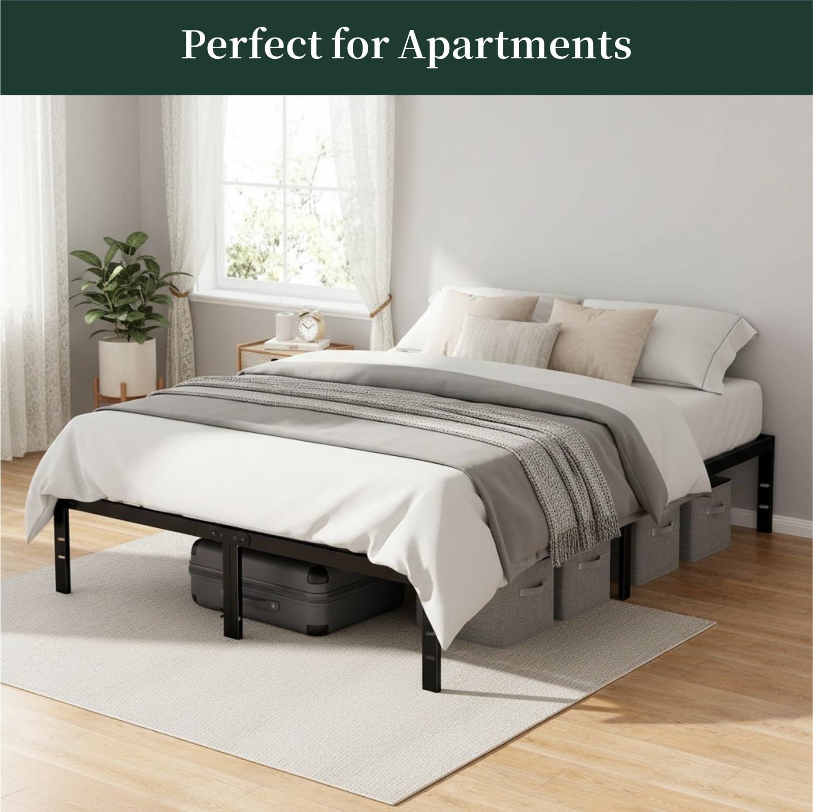 Queen Size Bed Frame, 14 Inch Metal Platform Bed Frames with Heavy Duty Steel Slat Support, No Box Spring Needed, Easy Assembly, Under Bed Storage